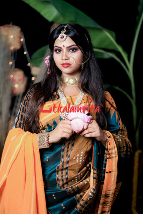 Bottle Green Yellow Taj Mahal Bapta Saree