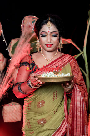 Mehndi Maroon Padam Bomkai Cotton Saree