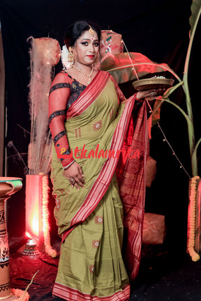 Mehndi Maroon Padam Bomkai Cotton Saree