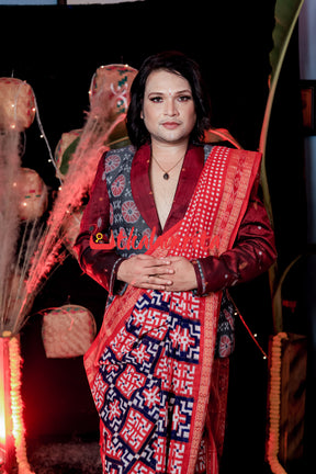 Swastik  Red Blue White Sambalpuri Cotton Saree
