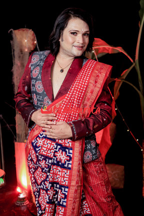 Swastik  Red Blue White Sambalpuri Cotton Saree