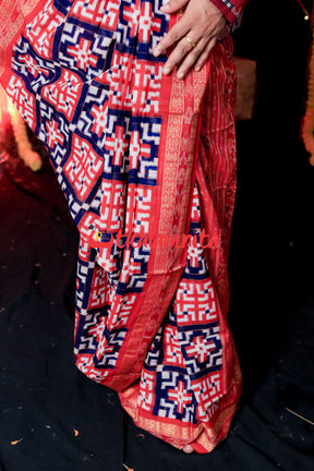 Swastik  Red Blue White Sambalpuri Cotton Saree