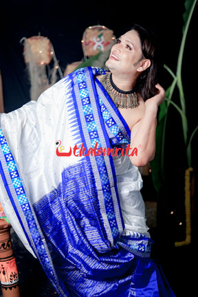 White Blue Single Border Pasapali Sambalpuri Silk