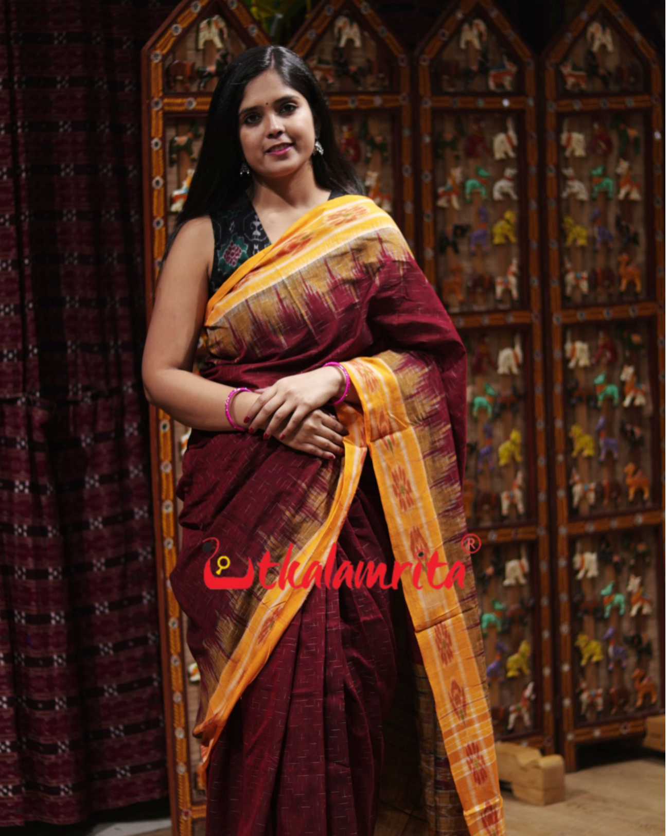 Maroon Mustard Jharana Khandua Cotton Saree