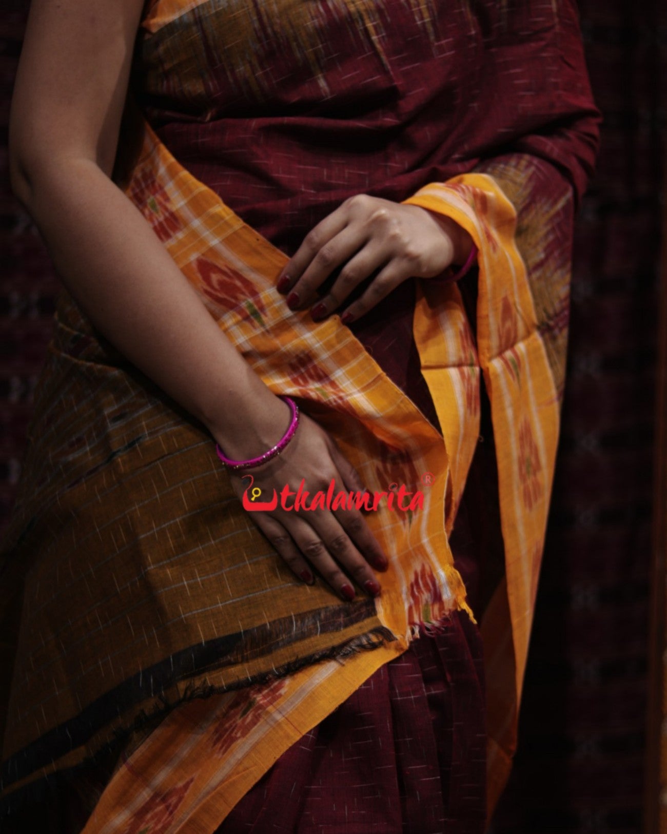 Maroon Mustard Jharana Khandua Cotton Saree