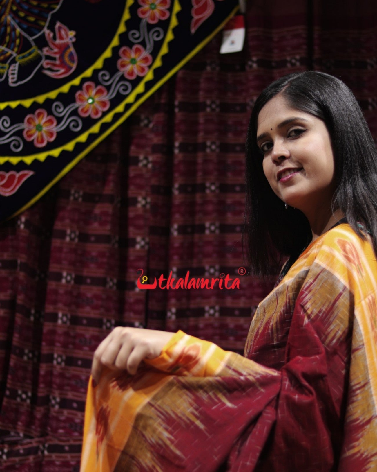 Maroon Mustard Jharana Khandua Cotton Saree