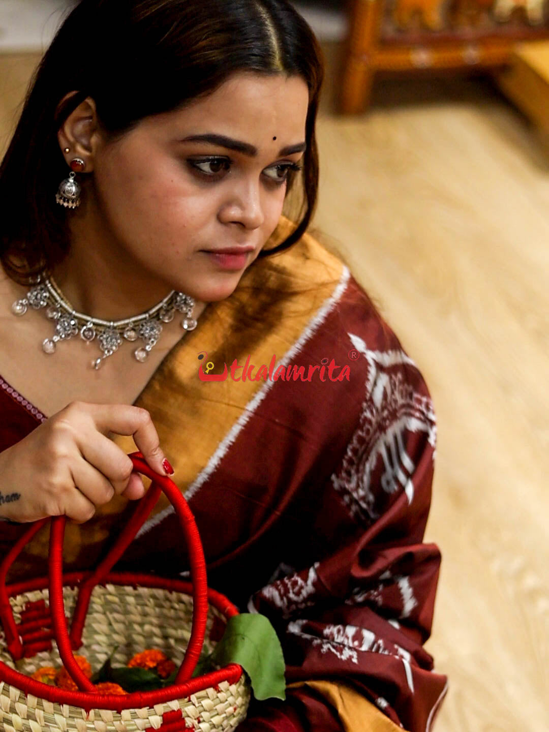 Coffee Maa Durga Mukuta Khandua Silk saree