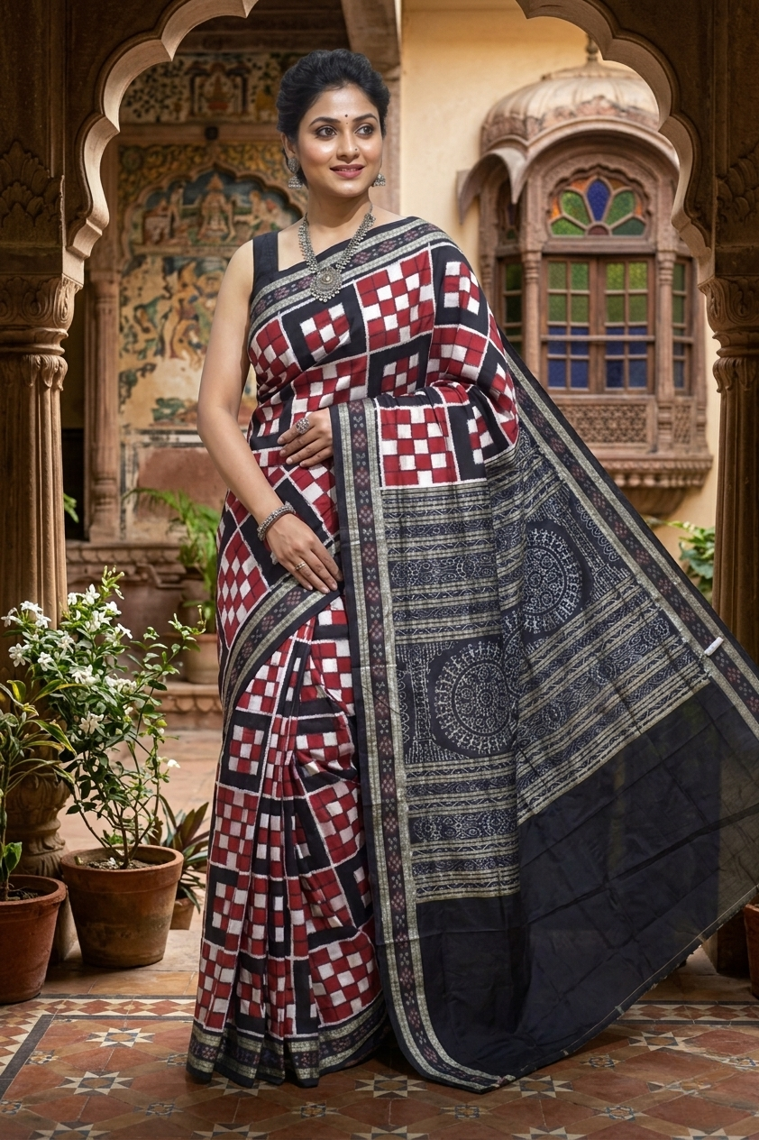 5 Kuthi Red Black White Pasapali Sambalpuri Silk Saree