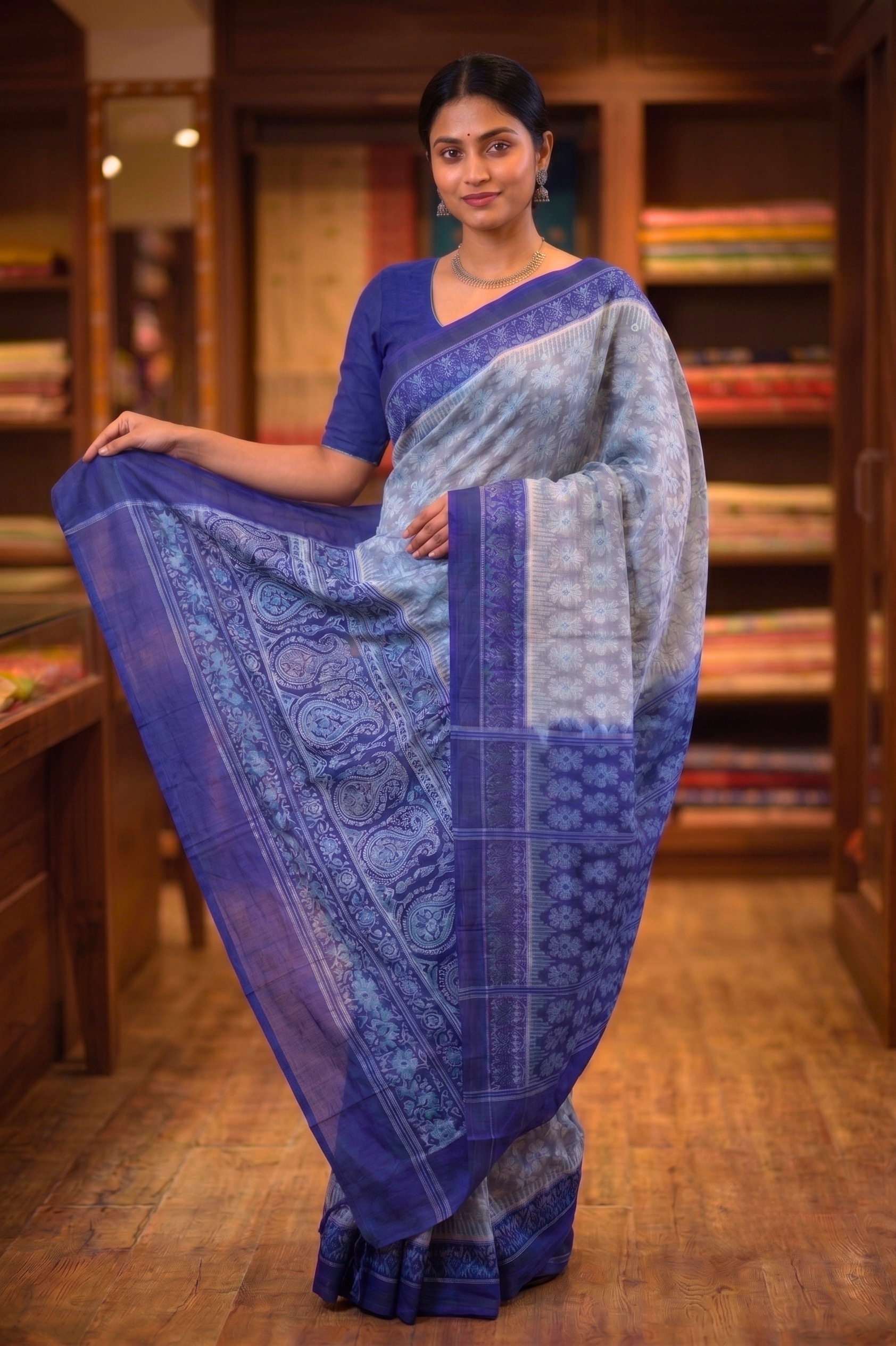 Grey Blue Flower Sambalpuri Cotton Saree