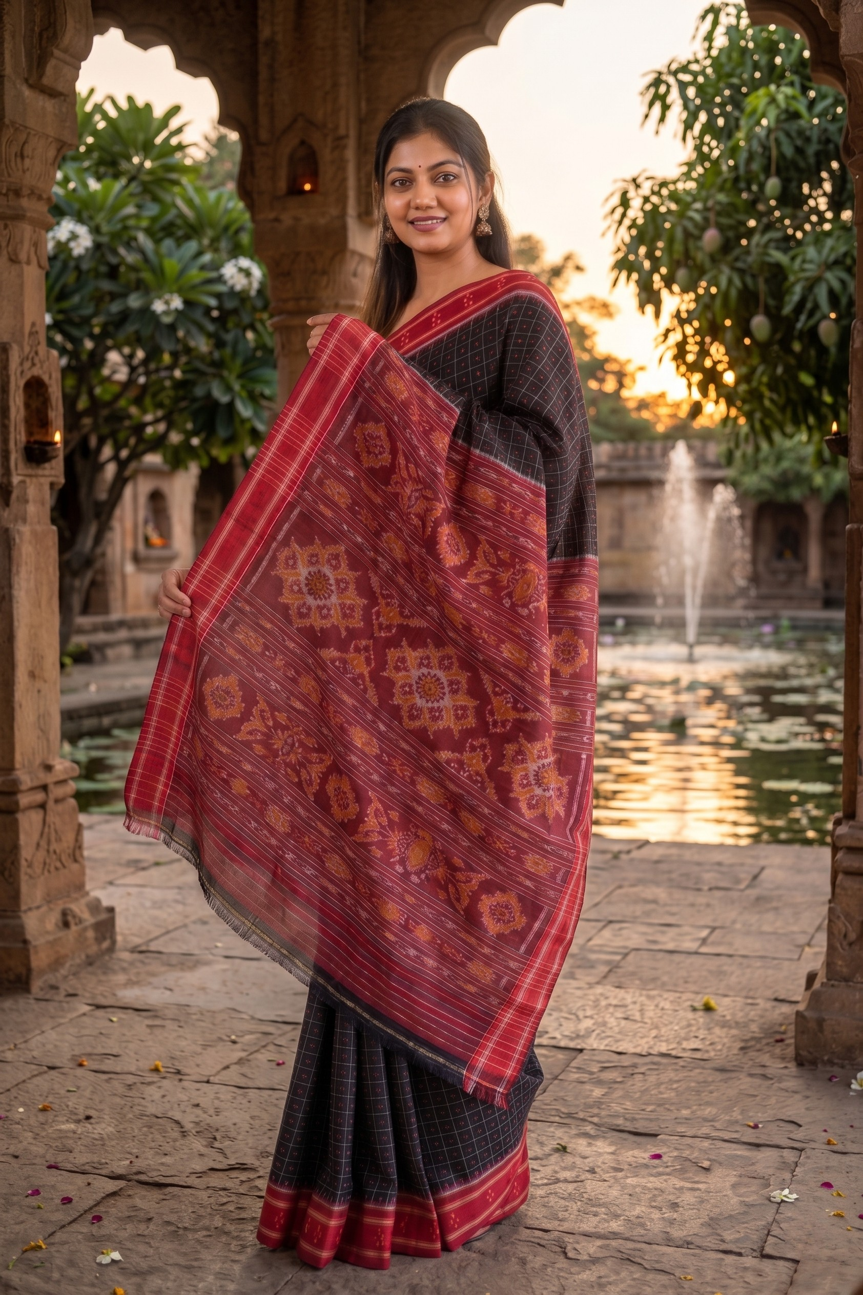 Black Red Parijata Khandua Cotton Saree