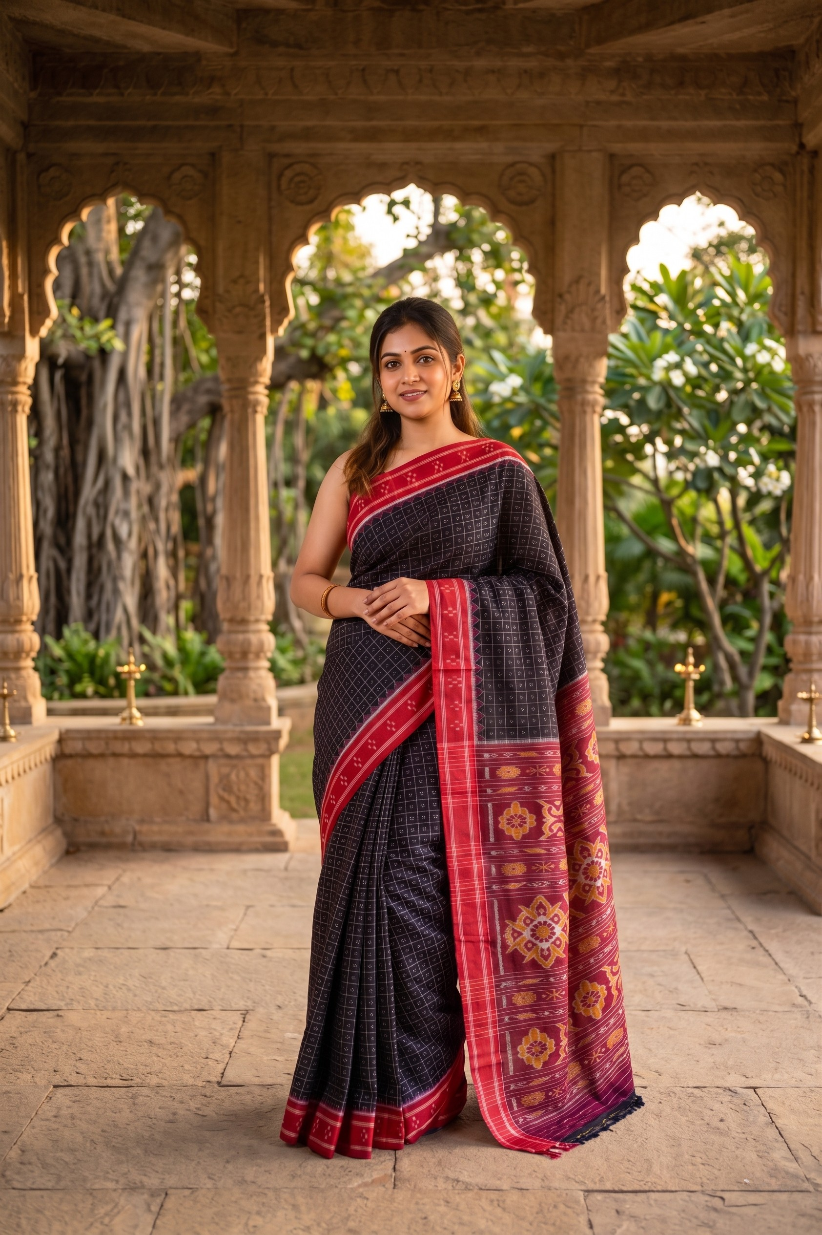 Black Red Parijata Khandua Cotton Saree