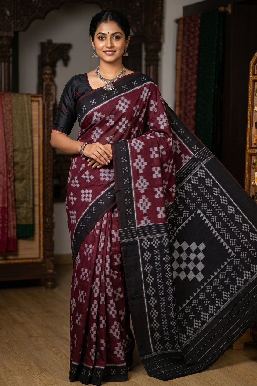 Maroon Black Body Pasapali Khandua Cotton Saree