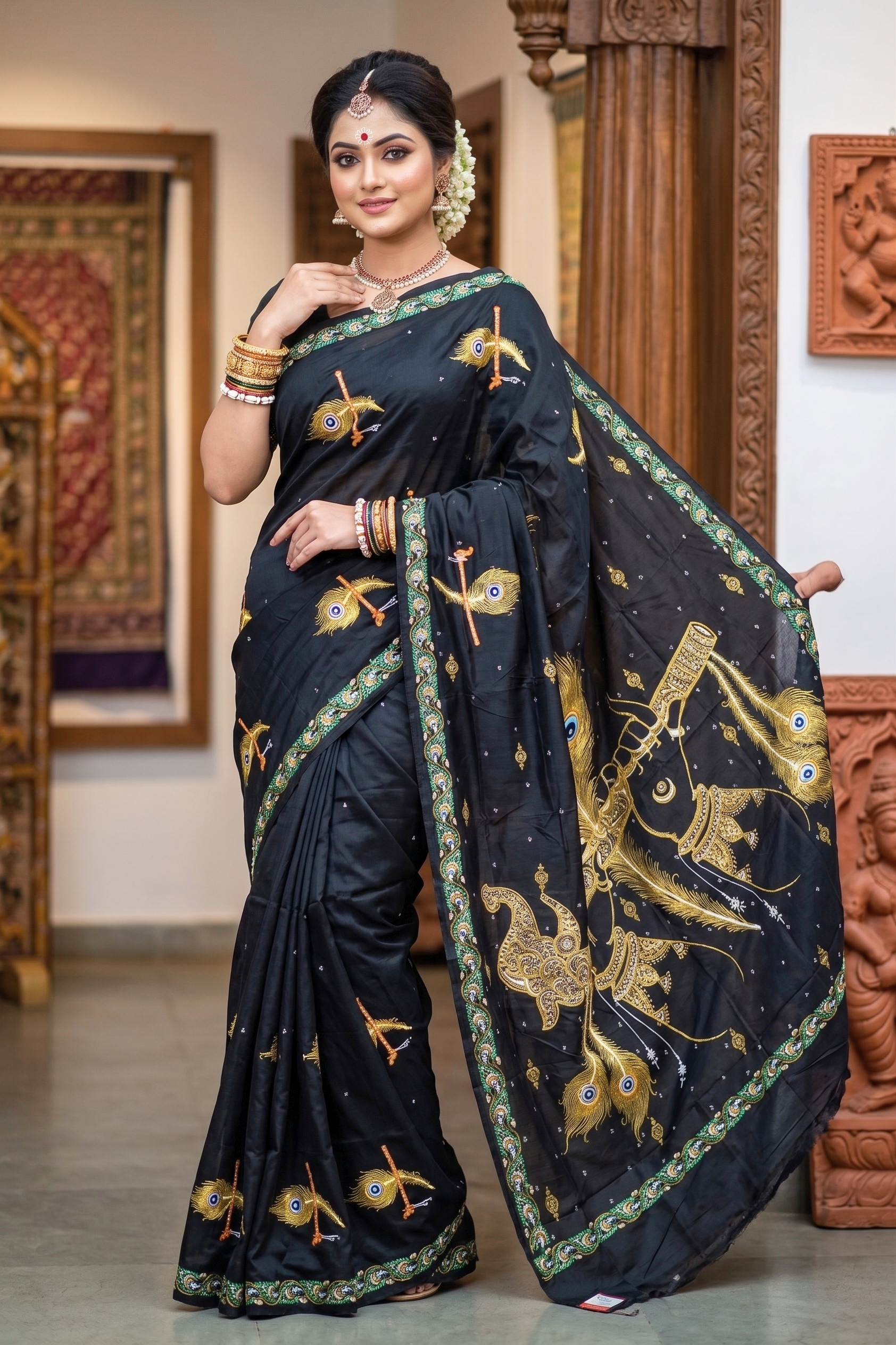 Black Plain Krushna Representation Pattachitra Silk Saree