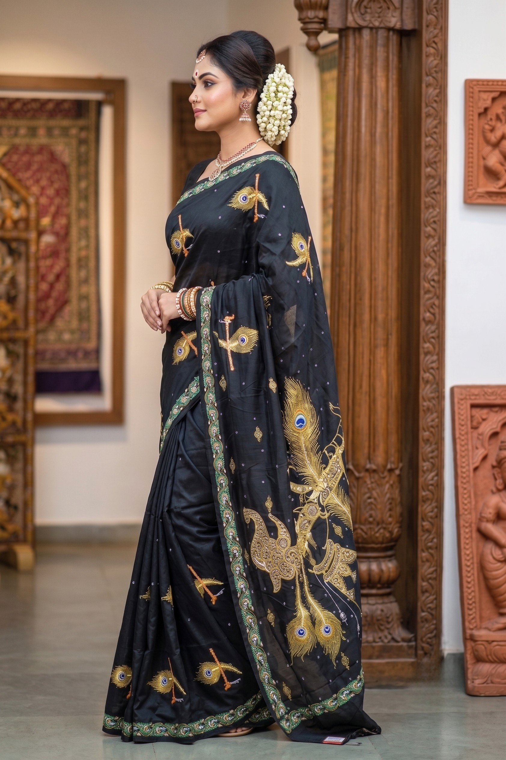 Black Plain Krushna Representation Pattachitra Silk Saree