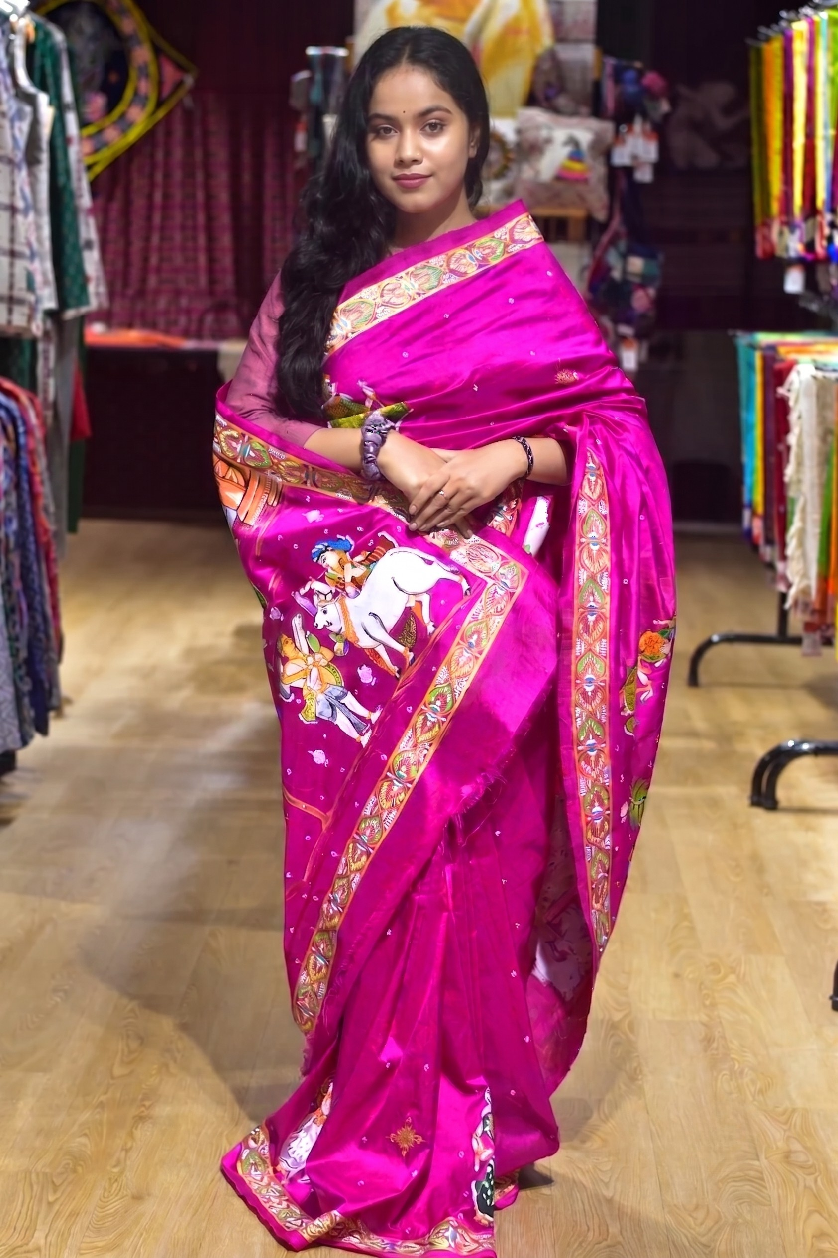 Rani Plain Rakhi Parba Pattachitra Silk Saree