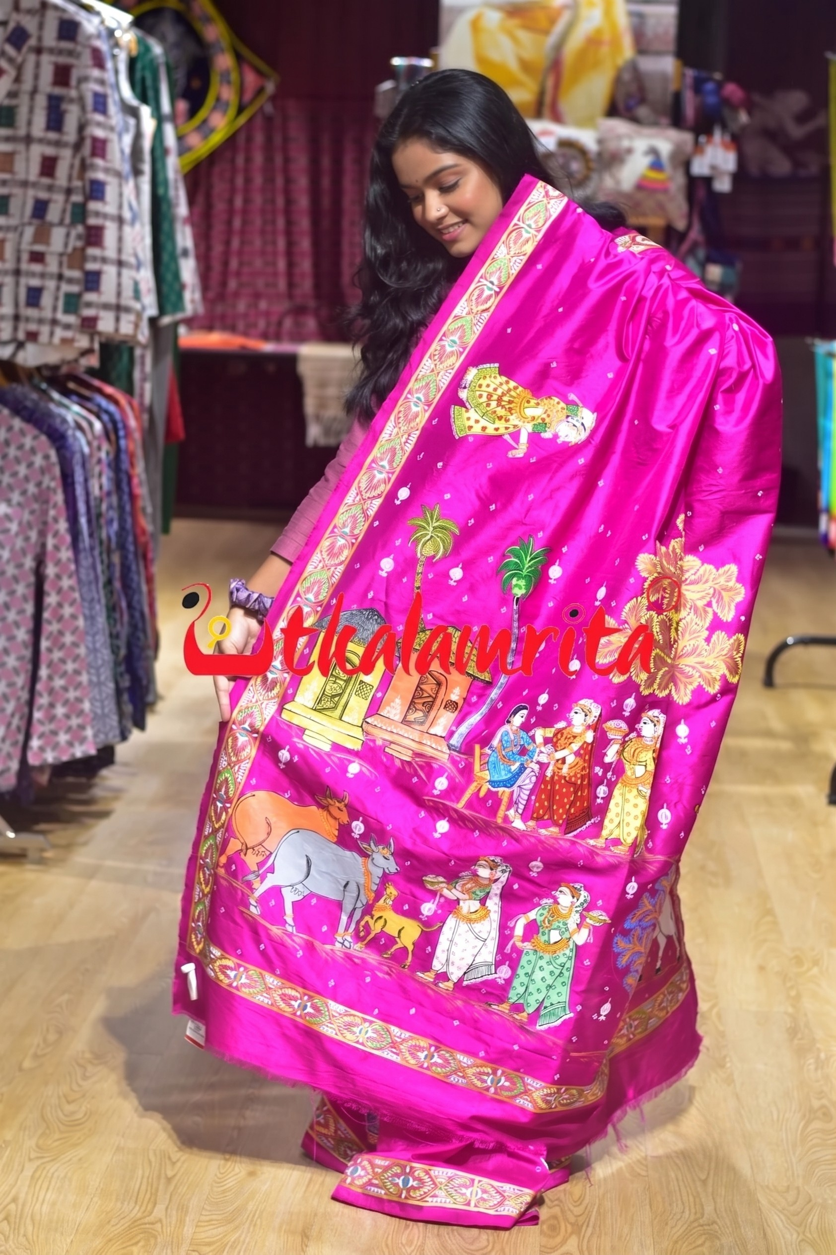 Rani Plain Rakhi Parba Pattachitra Silk Saree