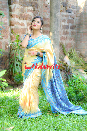 Cream Blue Buti Khandua Silk Saree