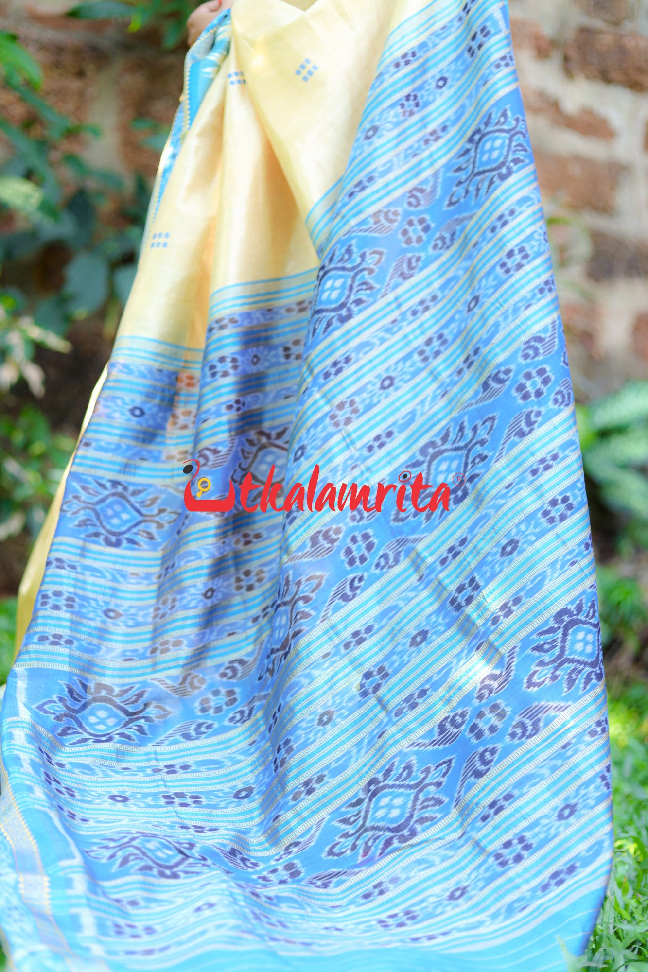 Cream Blue Buti Khandua Silk Saree