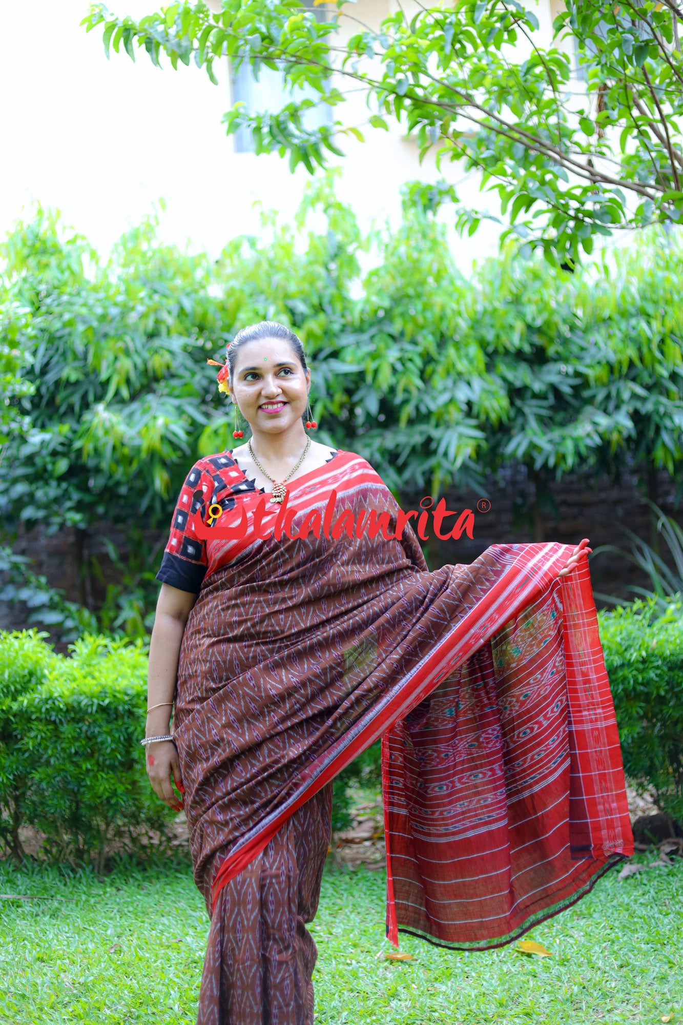 Golden Brown Red Tiny Flowers Saree