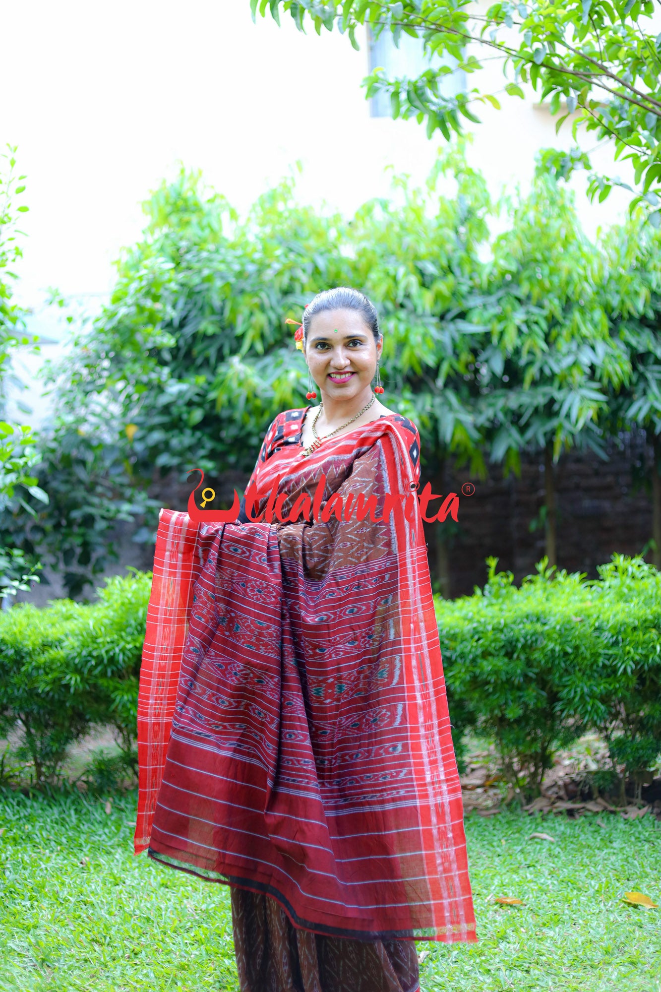 Golden Brown Red Tiny Flowers Saree