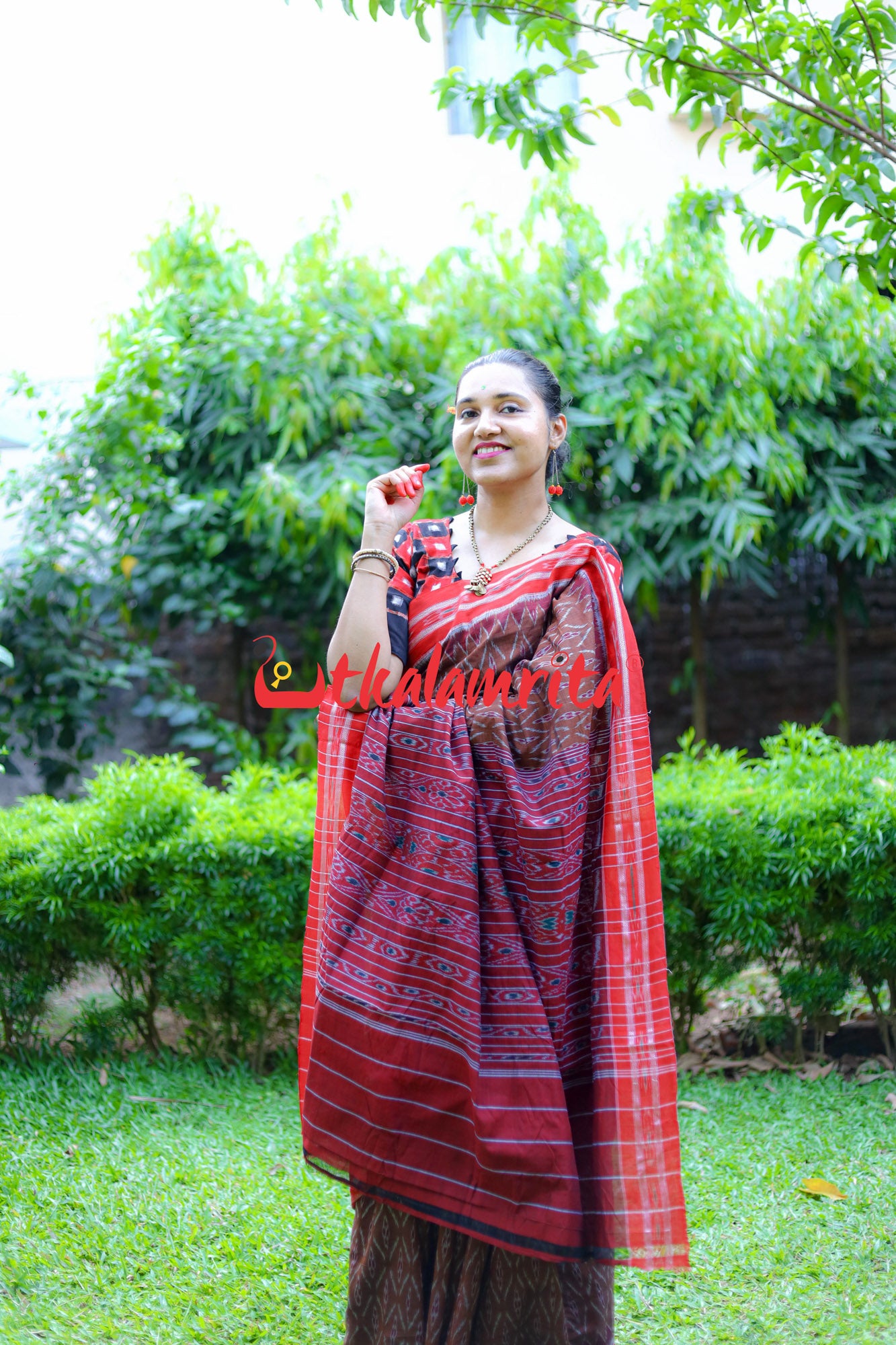 Golden Brown Red Tiny Flowers Saree