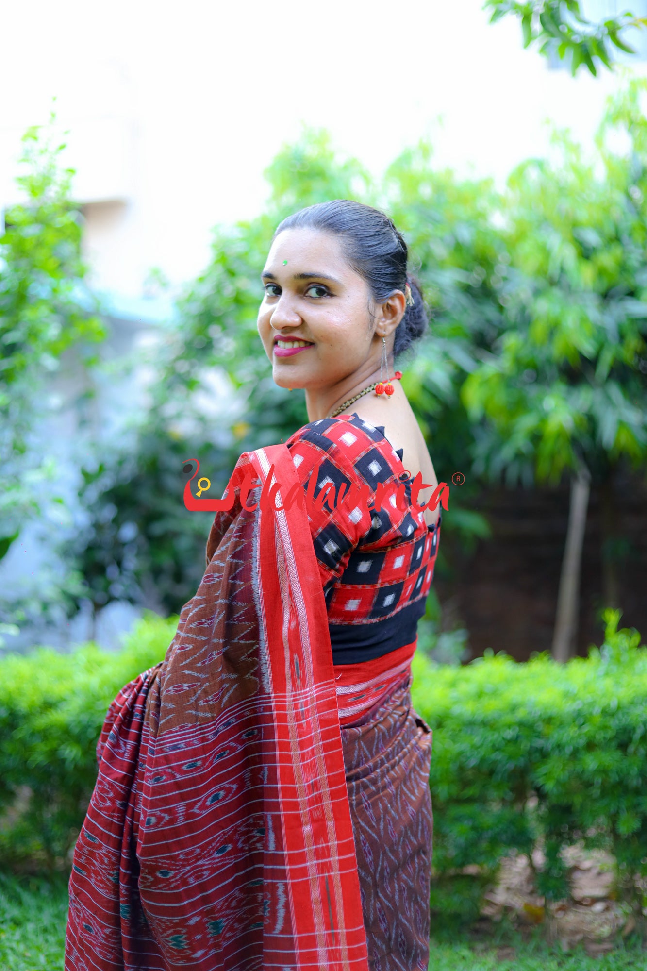 Golden Brown Red Tiny Flowers Saree