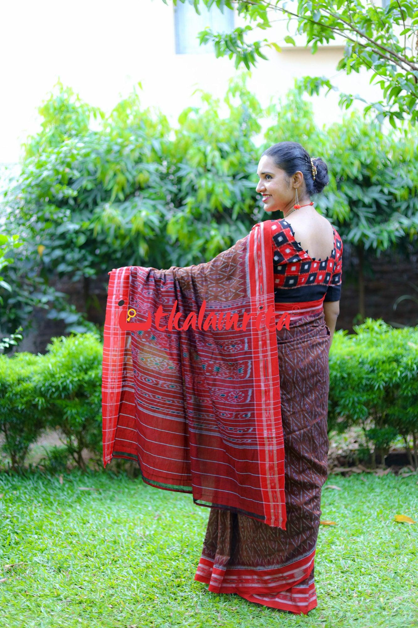 Golden Brown Red Tiny Flowers Saree
