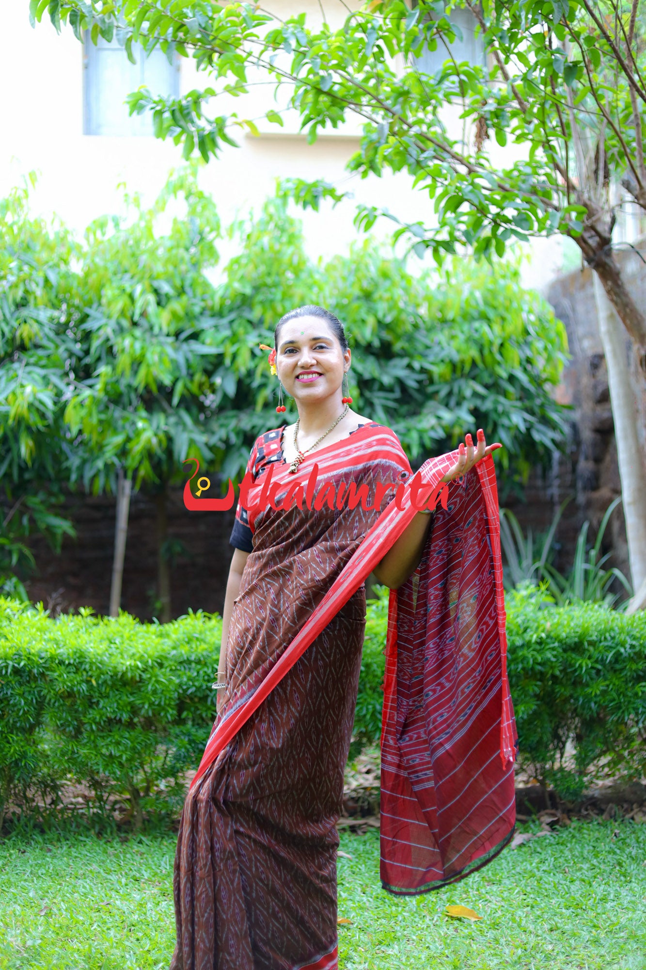 Golden Brown Red Tiny Flowers Saree
