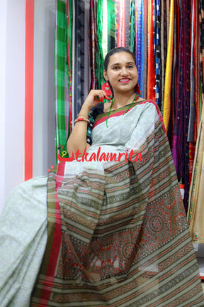 Grey Saura Tribal Paper Design Sambalpuri Cotton saree