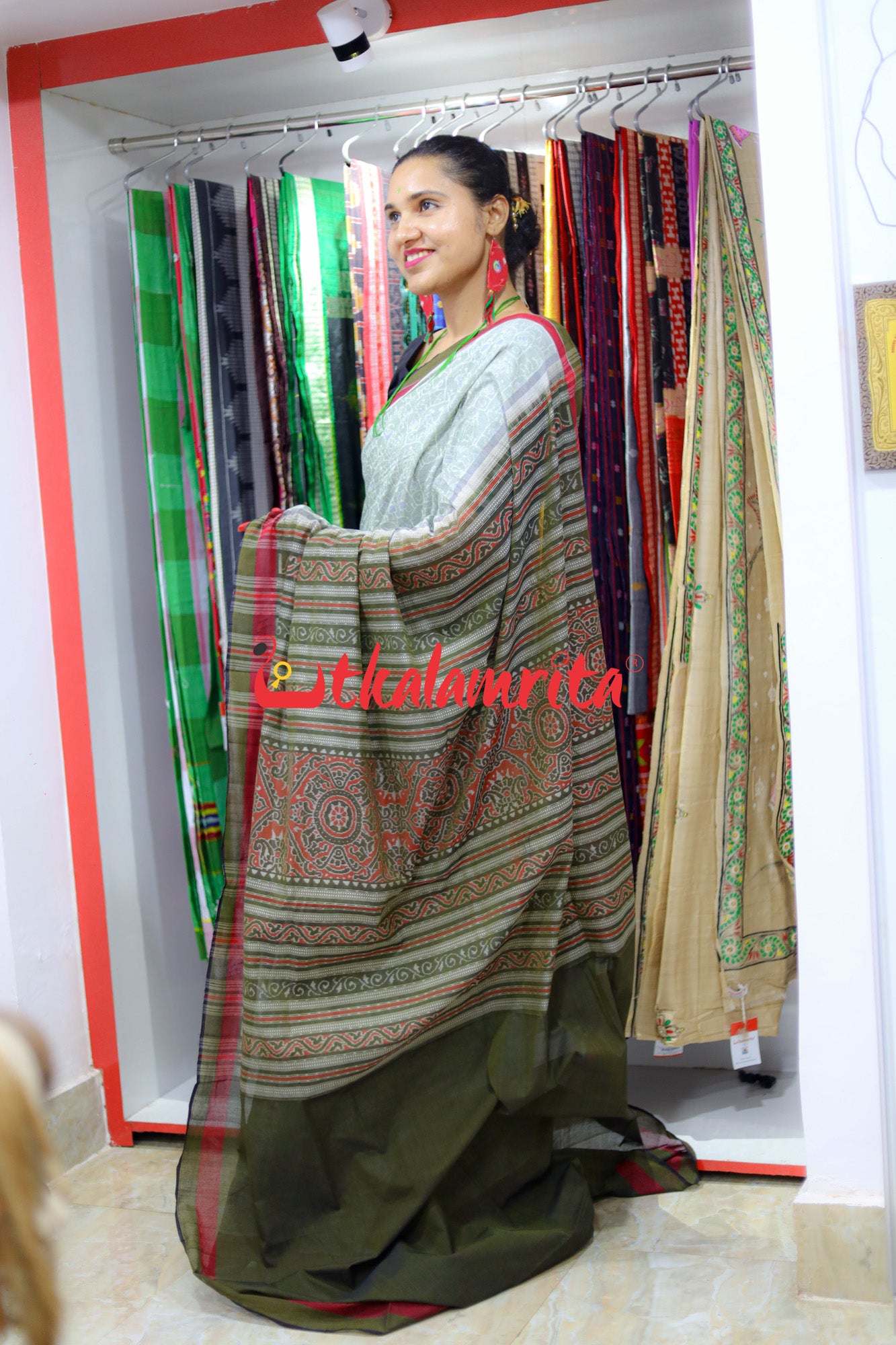 Grey Saura Tribal Paper Design Sambalpuri Cotton saree