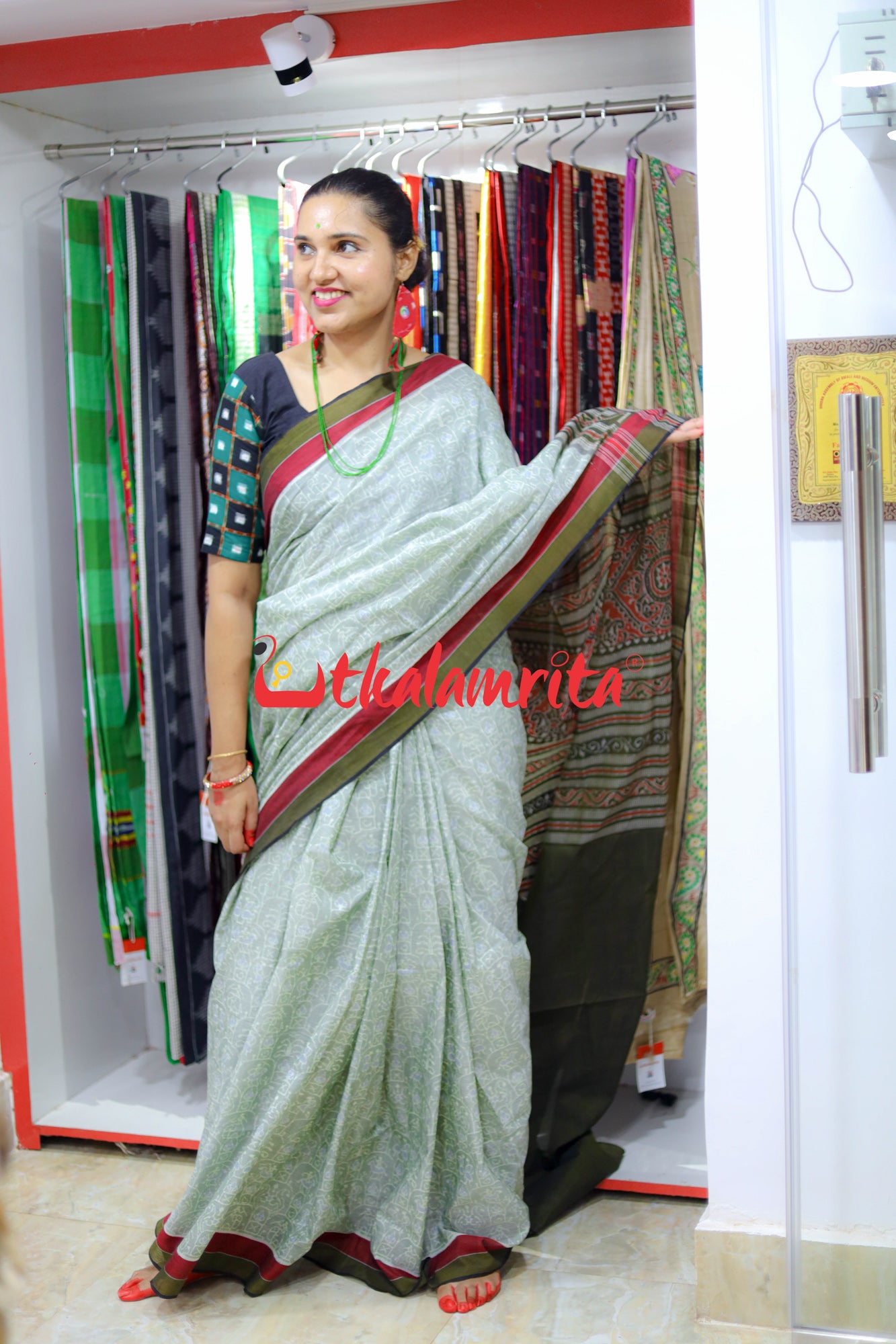 Grey Saura Tribal Paper Design Sambalpuri Cotton saree