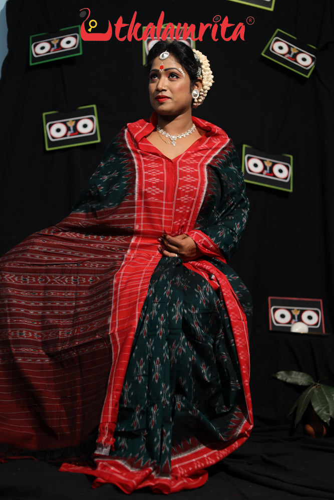 Bottle Green Damru Khandua Pasapali Border Cotton Saree