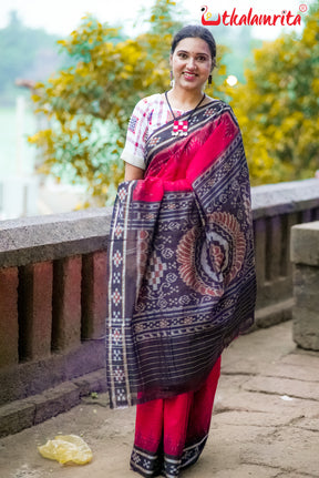 Maroon Kumbha Pasapali Border Khandua Cotton Saree