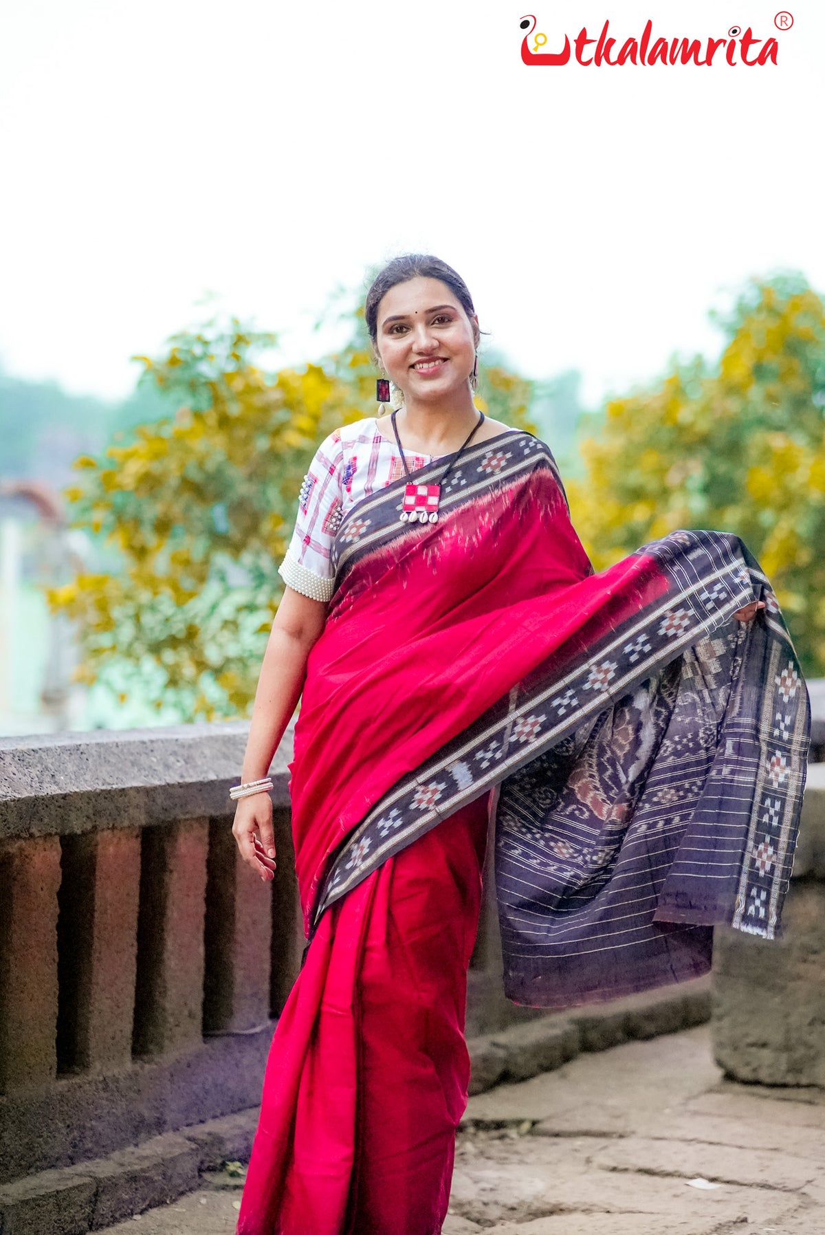 Maroon Kumbha Pasapali Border Khandua Cotton Saree