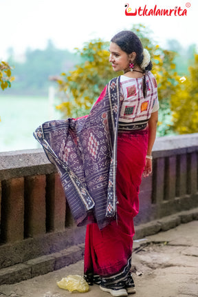 Maroon Kumbha Pasapali Border Khandua Cotton Saree