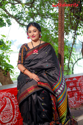 Jet Black Dongria Silk Saree