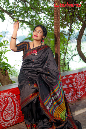 Jet Black Dongria Silk Saree