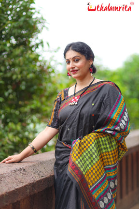 Jet Black Dongria Silk Saree