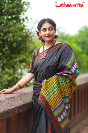 Jet Black Dongria Silk Saree