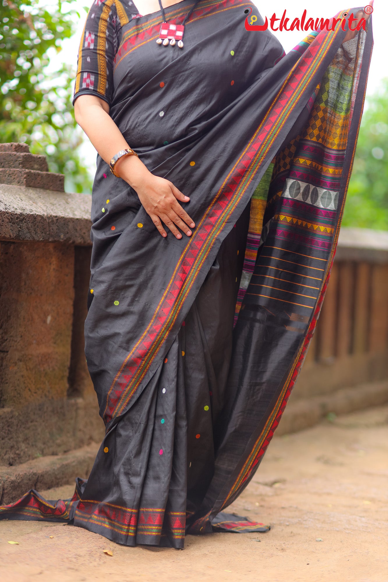 Jet Black Dongria Silk Saree