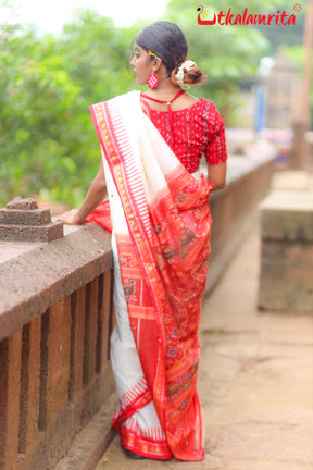 White Dongria Border Mayur Anchal Khandua Silk Saree (Copy)