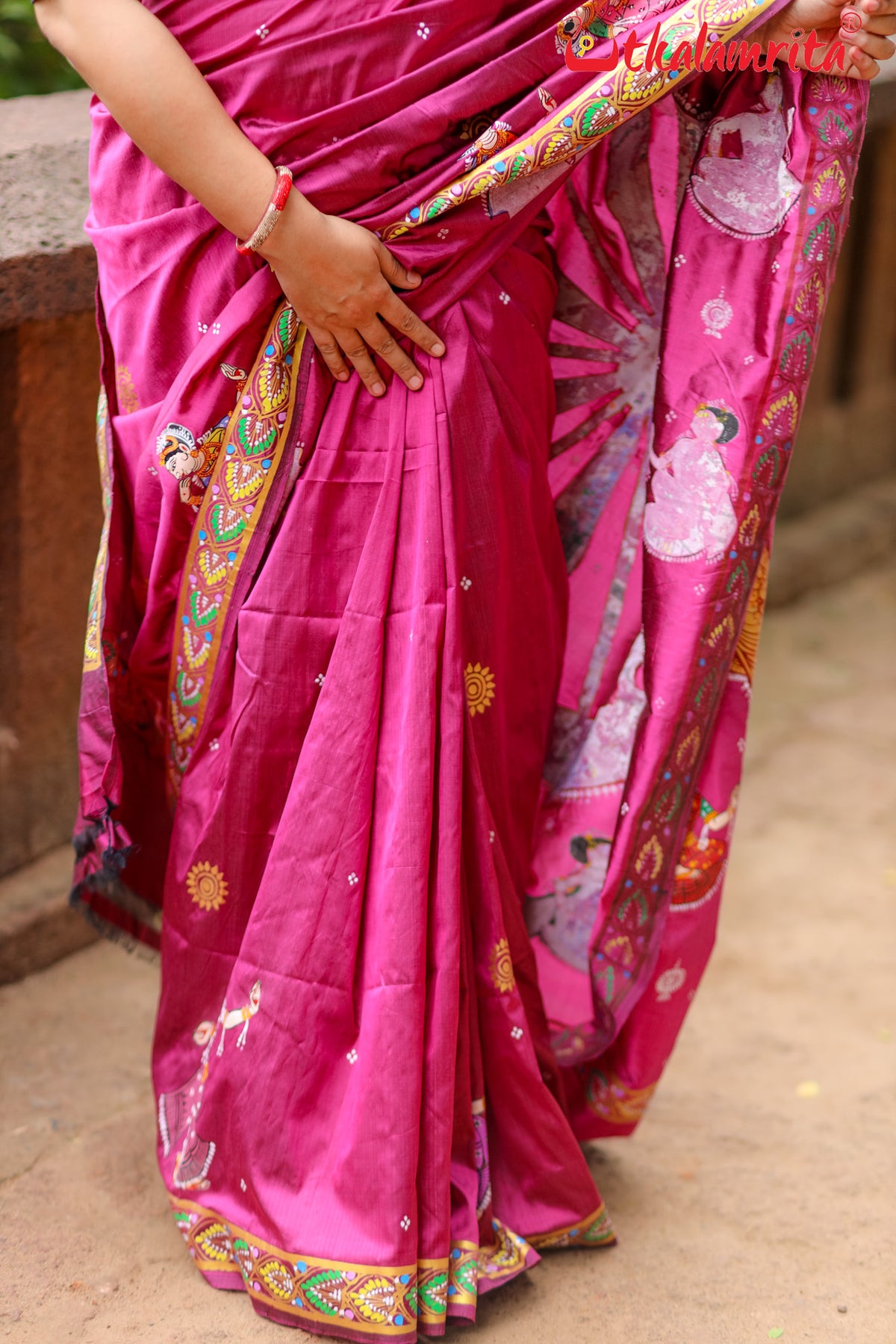 Konark Chakra & Dancers Theme Pattachitra Magenta Silk Saree