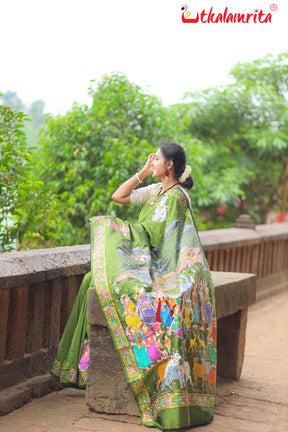 Mehndi Giri Gobardhan Pattachitra Silk Saree