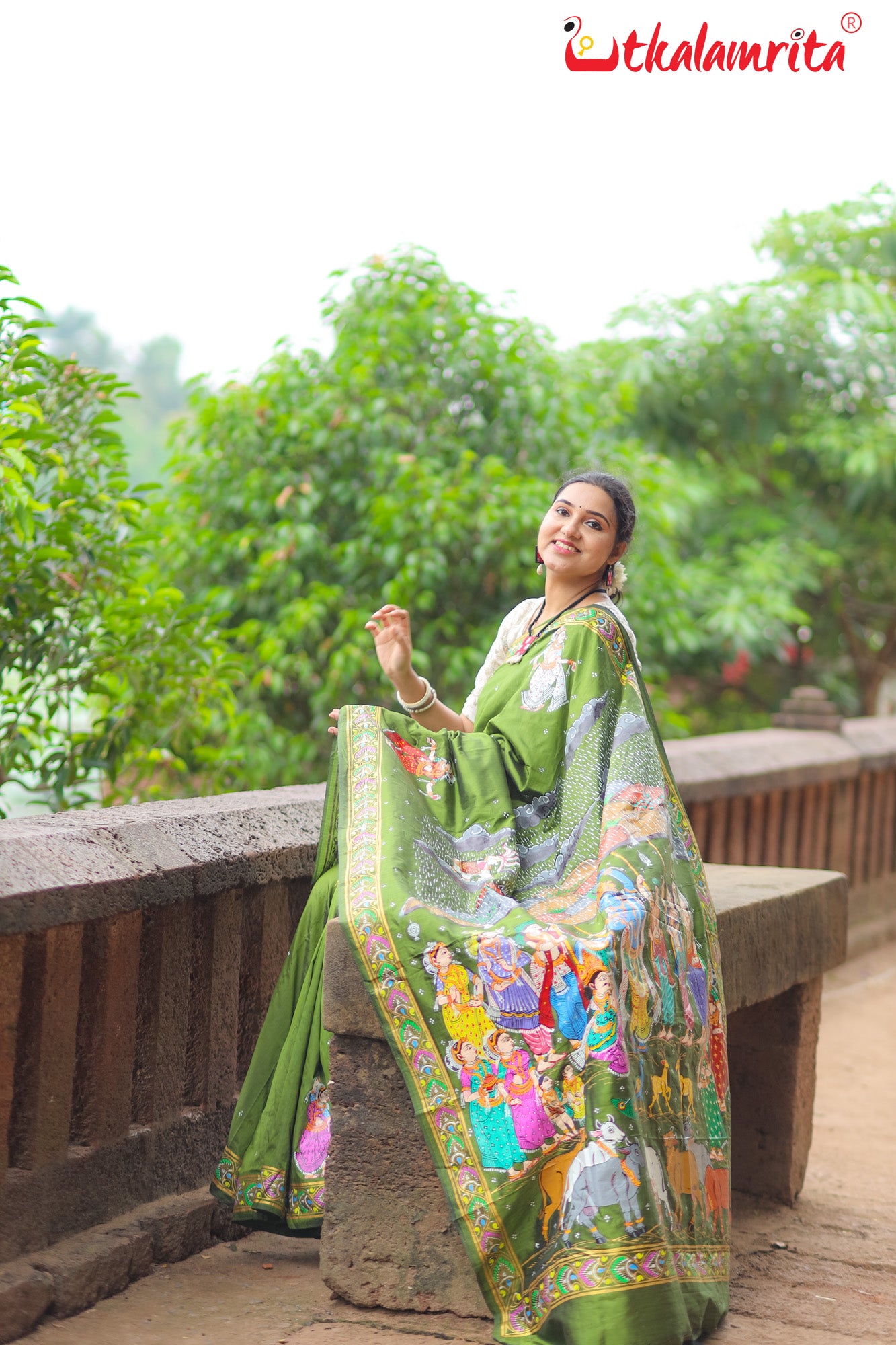 Mehndi Giri Gobardhan Pattachitra Silk Saree