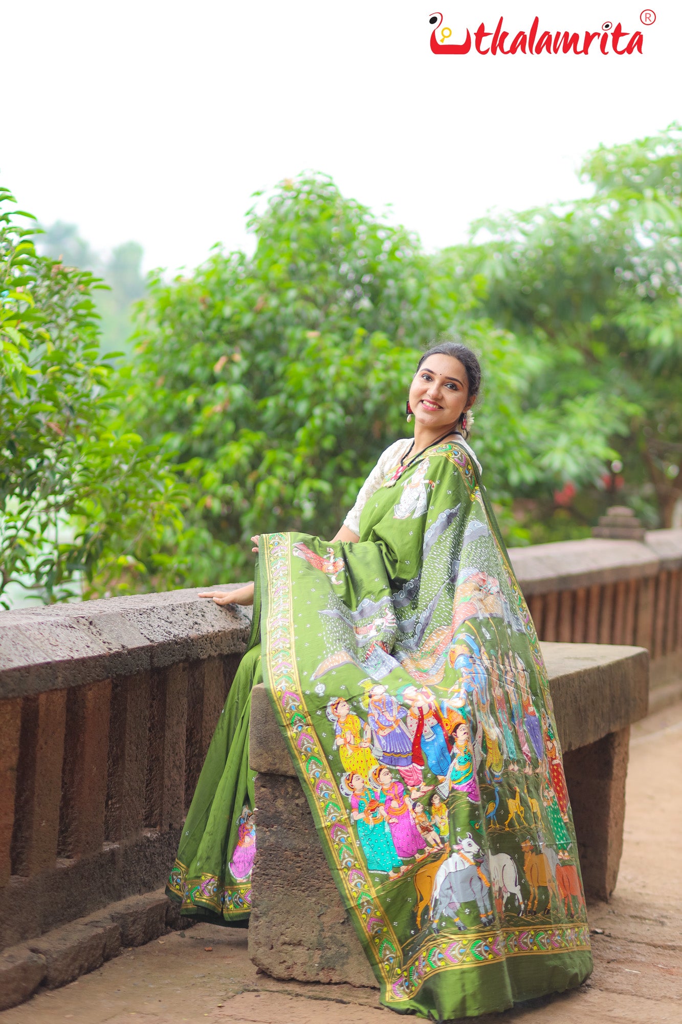 Mehndi Giri Gobardhan Pattachitra Silk Saree