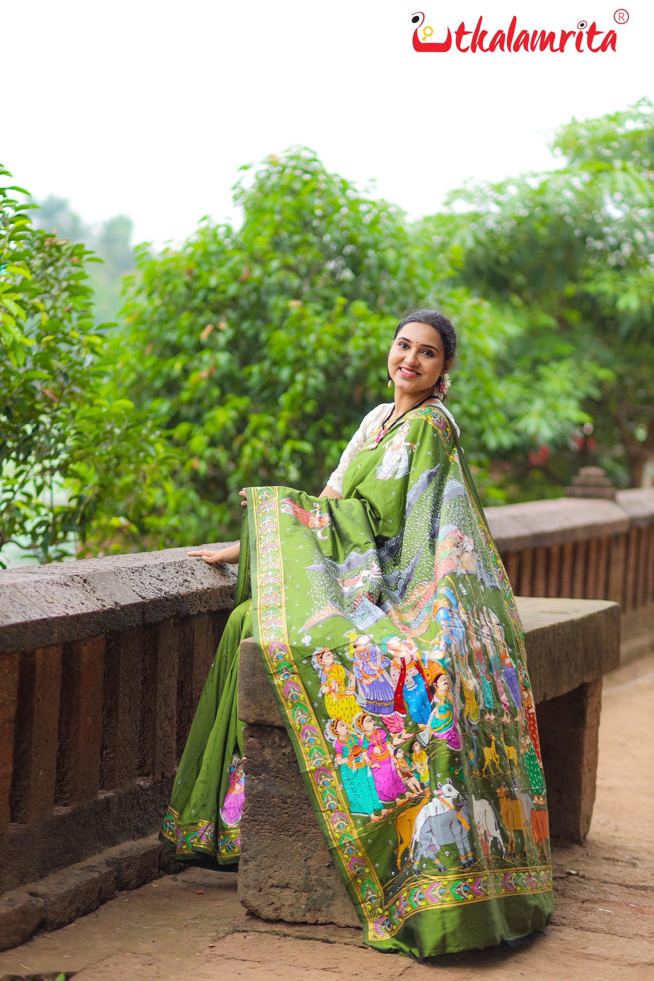 Mehndi Giri Gobardhan Pattachitra Silk Saree