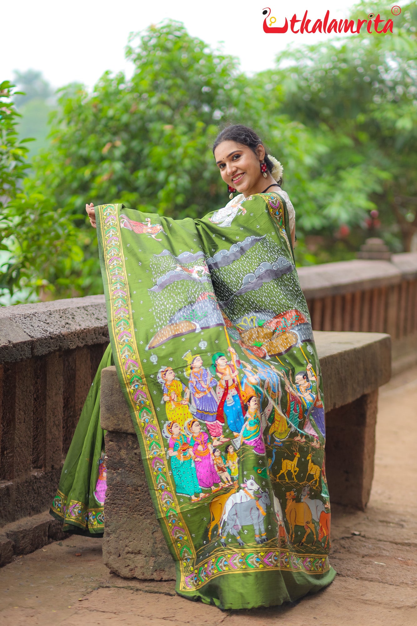 Mehndi Giri Gobardhan Pattachitra Silk Saree