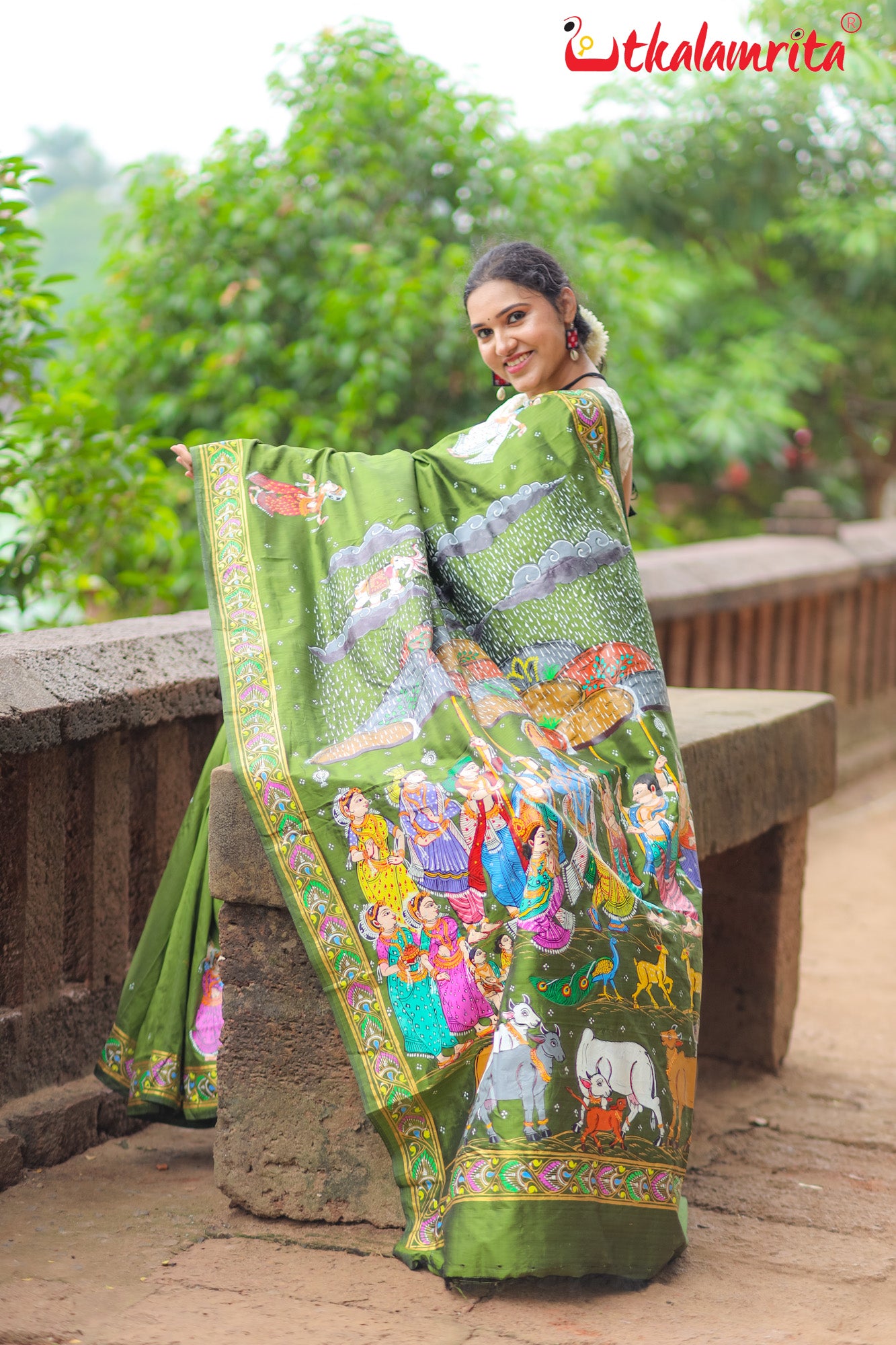 Mehndi Giri Gobardhan Pattachitra Silk Saree