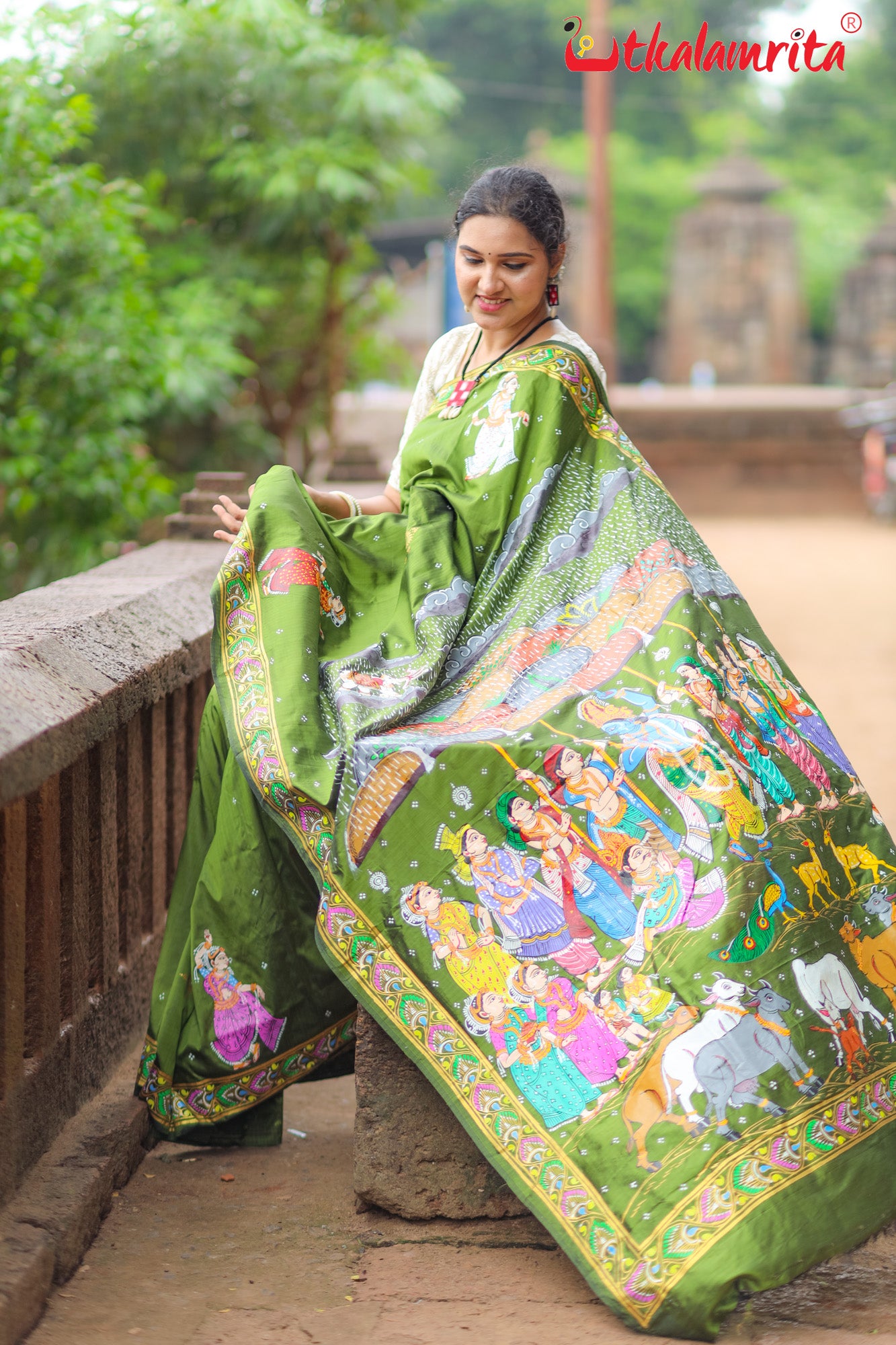 Mehndi Giri Gobardhan Pattachitra Silk Saree