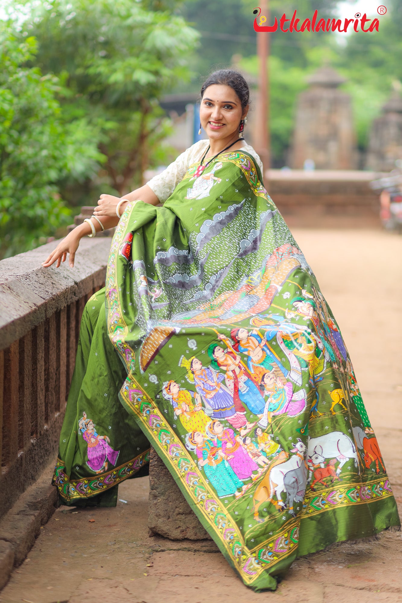 Mehndi Giri Gobardhan Pattachitra Silk Saree